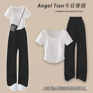 雪妃藍(lán)琪休閑褲子女2025新款夏季女裝小個子時尚氣質(zhì)穿搭顯高顯瘦闊腿褲 白色上衣+黑色褲子 M 【建議80-100斤】