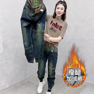 衣若彩遮胯哈倫褲女牛仔褲冬季加絨的褲子束腳冬小個(gè)子顯瘦顯 懷舊藍(lán)【加薄絨 S【建議80-100斤】