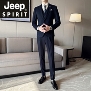 JEEP SPIRIT吉普西裝馬甲套裝男商務(wù)韓版修身馬夾雙排扣V領(lǐng)設計新郎伴郎西裝 藏青色【西服+馬甲+西褲】 M