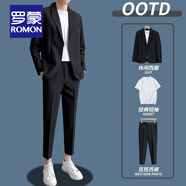 羅蒙（ROMON）休閑西服套裝男新款寬松外套商務(wù)韓版結婚禮服垂感潮流西服外套 黑色【西服+西褲】 19 XL 建議140-160斤