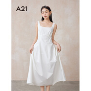 A21女裝方口領(lǐng)連衣裙夏季新款赫本風(fēng)氣質(zhì)法式吊帶裙無袖收腰A字裙 米白 S