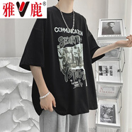 雅鹿短袖T恤男夏季衣服男裝男士薄款透氣冰絲速干上衣半袖男寬松潮流 T132黑色 2XL
