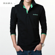 快樂(lè)嘉人 長(zhǎng)袖t恤男士中年純色翻領(lǐng)商務(wù)POLO領(lǐng)衫2022春秋季新款爸爸裝打底 黑色翠綠領(lǐng) XL