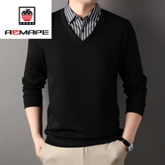 AEMAPE春秋季襯衫領(lǐng)V領(lǐng)疊穿假兩件套男長(cháng)袖T恤韓版輕商務(wù)休閑棉質(zhì)打底衫 黑色 165/S