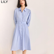 LILY夏新款女裝優(yōu)雅都市通勤款顯瘦高腰氣質(zhì)九分袖襯衫連衣裙 401藍(lán)色 M