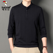 啄木鳥(niǎo)（TUCANO）男士t恤長(cháng)袖立領(lǐng)套頭豎條印花T恤男春季新款2026簡(jiǎn)約男裝針織秋衣 黑色 175