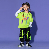 魅樂凱兒童街舞潮服男童嘻哈長袖hiphop演出服女童爵士舞服少兒走秀套裝 綠色星星假兩件上衣+黑褲+帽子 110 （男女同款，尺碼偏大）