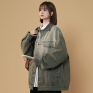 QGF美式復(fù)古牛仔外套女春秋季開(kāi)衫寬松長(zhǎng)袖上衣小眾chic翻領(lǐng)休閑夾克 DSB203-JK30綠色 2XL