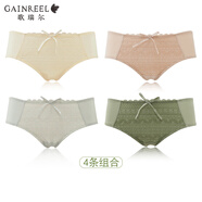 Gainreel歌瑞爾4條裝套組柔軟親膚舒適法式蕾絲內(nèi)褲女性感純欲棉襠中腰平角底褲 奶油色+煙粉色+淺灰色+復(fù)古綠 L