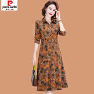 皮爾卡丹（pierre cardin）媽媽襯衫領(lǐng)連衣裙春秋裝時(shí)尚洋氣中老年女秋裝長(cháng)袖中長(cháng)款碎花裙子 黃色大花 XL (參考90-105斤)