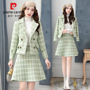 皮爾卡丹（pierre cardin）2024秋冬季新款韓版休閑套裝女氣質(zhì)時(shí)尚毛呢外套女兩件套套裝裙子 綠色兩件套 M （80-100斤）