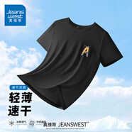 真維斯（Jeanswest）冰絲防曬短袖t恤男女款戶外休閑運(yùn)動(dòng)透氣半袖夏季輕薄涼感速干衣 黑色(傾斜字母胸標(biāo)) M (170) (30天質(zhì)量問題全額退)