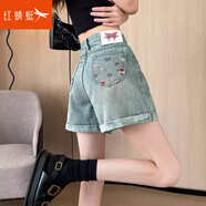 紅蜻蜓淺色牛仔短褲女夏季薄款新款高腰碎花寬松顯瘦設計感a字熱褲 淺藍色 M【建議98-110斤】