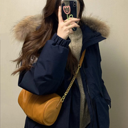韻動犸冬季新款派克羽絨服女短款寬松加厚時尚收腰顯瘦冬裝派克服外套女 藏青色+大毛領(lǐng) M（110-135斤）