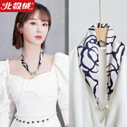 北極絨磁扣絲巾女春秋薄款護脖子懶人磁吸扣絲巾小長(cháng)條領(lǐng)巾護頸珍珠項鏈 玫瑰香檳黑