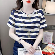 茵侈夏季韓版新款半袖體恤女士裝年條紋洋氣短袖t恤衫寬松上衣服 藏藍色8905款 XL 建議115-130斤