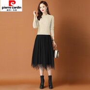 皮爾卡丹針織連衣裙年秋季新款時(shí)尚洋氣假兩件女裝配大.衣蕾絲打底裙子 米白色 M