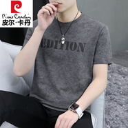 皮爾卡丹（pierre cardin）男士短袖t恤2025夏季字母印花含棉圓領(lǐng)體恤衫潮流簡(jiǎn)約半袖上衣服 灰色 黑 M 90-115斤