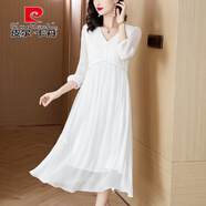 皮爾卡丹（pierre cardin）白色法式雪紡連衣裙女春夏2025年新款V領(lǐng)時(shí)尚洋氣中長(cháng)款高腰裙子 白色 M