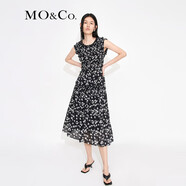 MO&Co.荷葉邊花邊打攬收腰碎花無(wú)袖園藝風(fēng)連衣裙氣質(zhì)露背裙子摩安珂 黑底彩花色-第2批 S 160