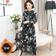 皮爾卡丹（pierre cardin）秋裝碎花長(zhǎng)袖連衣裙女新款顯瘦時(shí)尚氣質(zhì)荷葉領(lǐng)雪紡印花裙長(zhǎng)款 孔雀綠(加絨加厚) 3XL