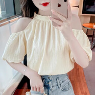CEENIU露肩雪紡打底小衫女裝2026夏季新款蝴蝶結上衣小個(gè)子短袖T恤 杏色【高品質(zhì)】 M 【96-105斤】