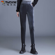 啄木鳥(niǎo)金絲絨高腰小腳褲女2025秋冬新款百搭外穿修身顯瘦彈力小腳長(cháng)褲子 灰色 常規款 S 85-100斤