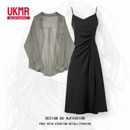 UKMR夏季套裝女2025新款大碼穿搭防曬雪紡襯衫上衣配吊帶連衣裙兩件套 深灰襯衫+黑色連衣裙【兩件套】 3XL 【建議160-180斤】