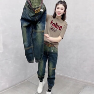 衣若彩遮胯哈倫褲女牛仔褲冬季加絨的褲子束腳冬小個(gè)子顯瘦顯 懷舊藍(lán) XL【建議125-140斤】