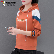 啄木鳥連帽衫衛(wèi)衣女春秋款2025新款春裝撞色拼接寬松休閑長袖上衣 桔色 M (建議80-95斤)