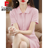 皮爾卡丹2025春夏新款純色女POLO襯衫領(lǐng)純棉A字連衣裙休閑中長運(yùn)動(dòng)款T恤裙 淺粉色-純色 L