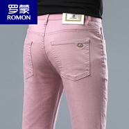 羅蒙（ROMON）夏季薄款冰絲萊塞爾牛仔褲男彈力修身小腳潮流天藍色男款長褲 粉紅色 30