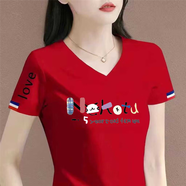 清倉撿漏尾單大牌剪標(biāo)短袖女t恤夏寬松v領(lǐng)上衣正肩體恤半袖 45黑字紅色【中】可愛字母 XL 建議115-130斤