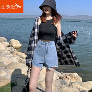 紅蜻蜓 高腰牛仔短褲女夏寬松新款薄顯瘦網(wǎng)紅A字毛邊黑色熱褲 復(fù)古藍(lán) M