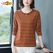 初徑純棉長(cháng)袖T恤女裝中年媽媽裝春秋新款大碼寬松遮肚圓領(lǐng)上衣打底2 811焦糖色 XL 建議【120-135斤】