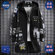 NASALIKE官方潮牌中長款風衣外套男春秋冬季大碼連帽外套學(xué)生涂鴉加絨外套 N73黑色(春秋款) 2XL (173-180cm 140-160斤)