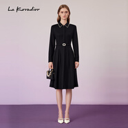 拉珂蒂（La Koradior）【羊毛】時(shí)尚冬季新款釘珠翻領(lǐng)氣質(zhì)風(fēng)衣連衣裙 黑色 M