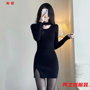 范哲莎冬裝年新款女內(nèi)搭氣質(zhì)小黑裙長(zhǎng)袖修身包臀裙針織打底連衣裙女 黑色 XL 175