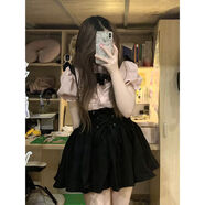 胖左柚大碼女裝200斤胖mm加肥加大夏季純欲短袖襯衫收腰吊帶裙子顯瘦遮 粉色上衣+背帶裙 【套裝】 2XL 建議【140-160】