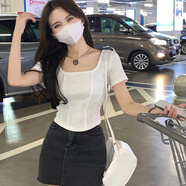 多菲尼森（dophnison）短袖T恤女 純色2024夏季新性感方領(lǐng)修身顯瘦辣妹短款上衣（平底） 方領(lǐng)T恤女白色XL碼(90-120)