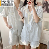 莫代爾情侶裝休閑簡(jiǎn)約可愛(ài)花邊格子純棉睡衣套裝男女夏季短袖短褲家居服 泡泡華夫格套裝 S 女款【體重80-100斤】