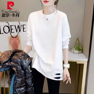 皮爾卡丹棉質(zhì)破洞中長(cháng)款T恤女2024秋冬新款寬松慵懶百搭基礎款上衣 白色【無(wú)印花】單款 L