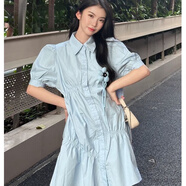 UKMR甜美減齡設計感不規(guī)則連衣裙女夏季新款韓版休閑立體花朵襯衫裙子 藍色裙子 M 95-105斤