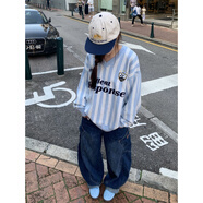 風(fēng)采兔 毛衣女2024秋冬新款歐美球衣風(fēng)條紋V領(lǐng)潮牌慵懶風(fēng)寬松情侶針織衫 藍(lán)白條紋 均碼