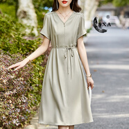 SXA香港潮牌V領(lǐng)短袖連衣裙女2025夏季新款休閑風(fēng)系帶純色打底a字裙 綠色 2XL