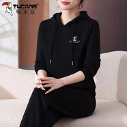 啄木鳥(niǎo)女士加絨運(yùn)動(dòng)套裝冬季2024新款減齡連帽衛(wèi)衣休閑兩件套 黑色 加絨加厚保暖 M (80-95斤)