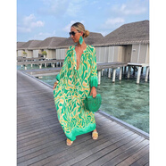跨境獨立站2022秋季女裝印花套頭長(cháng)袖長(cháng)裙V領(lǐng)大擺寬松連衣 綠色 S
