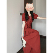 葉余大碼法式復古紅色V領(lǐng)上衣氣質(zhì)半身裙女新款收腰兩件套A字長(cháng)裙 主圖款 M 【建議95-105斤】