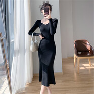 里農法式V領(lǐng)針織連衣裙女秋冬季內搭毛衣裙修身顯瘦名媛包臀魚(yú)尾裙女 黑色 XXL(110-125)