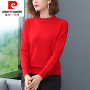 皮爾卡丹（pierre cardin）市毛絨衫女式中年媽媽裝半高領(lǐng)毛衣寬松毛毛打底衫 紅色 M 建議95-110斤